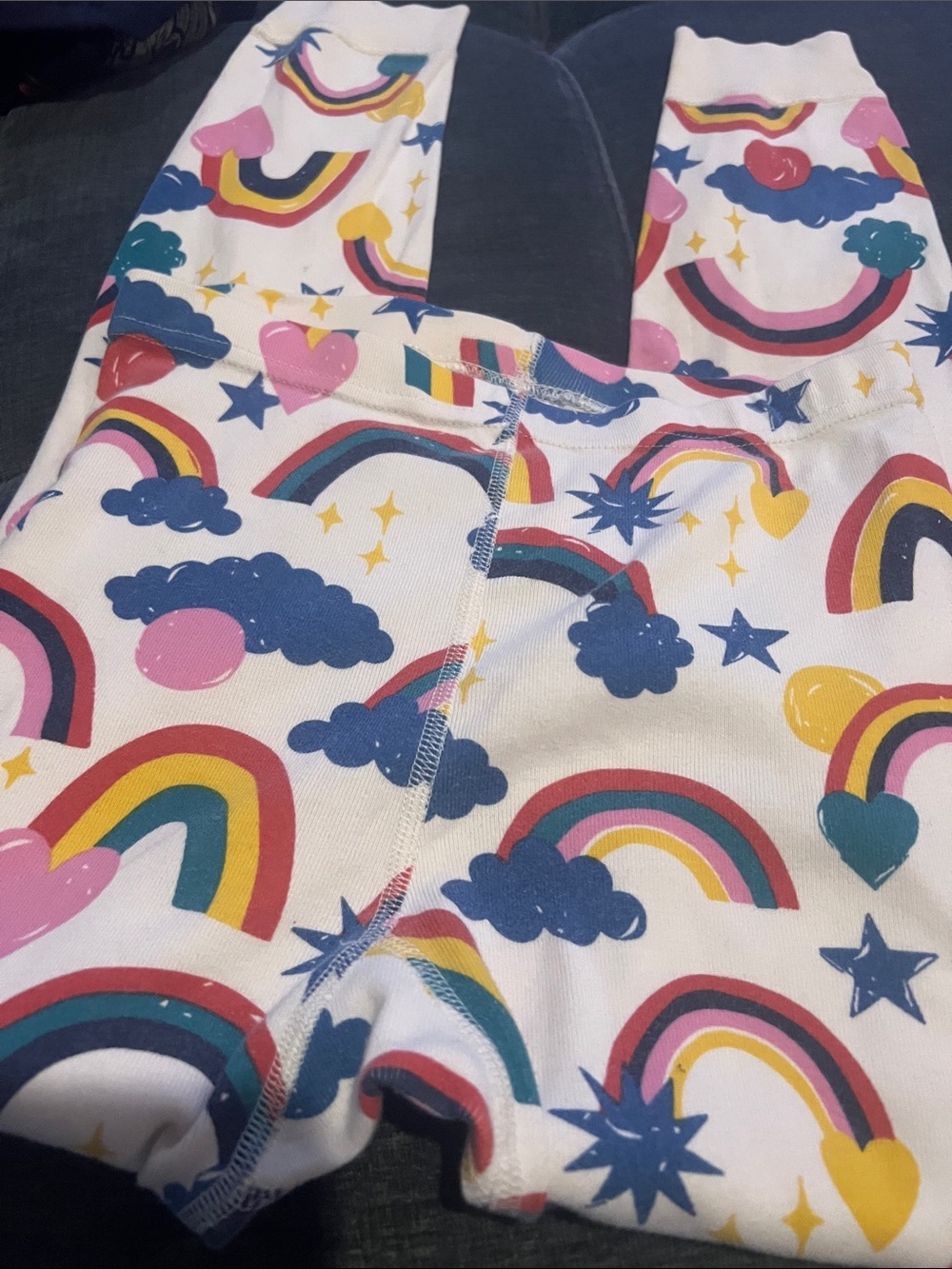 Hanna Andersson White Leggings with Rainbow, Pink Heart & Blue Cloud Print
